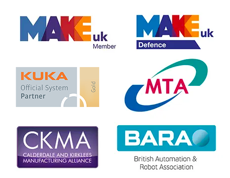 Accreditation logos MAKE, MTA, KUKA Gold Partner, CKMA, BARA